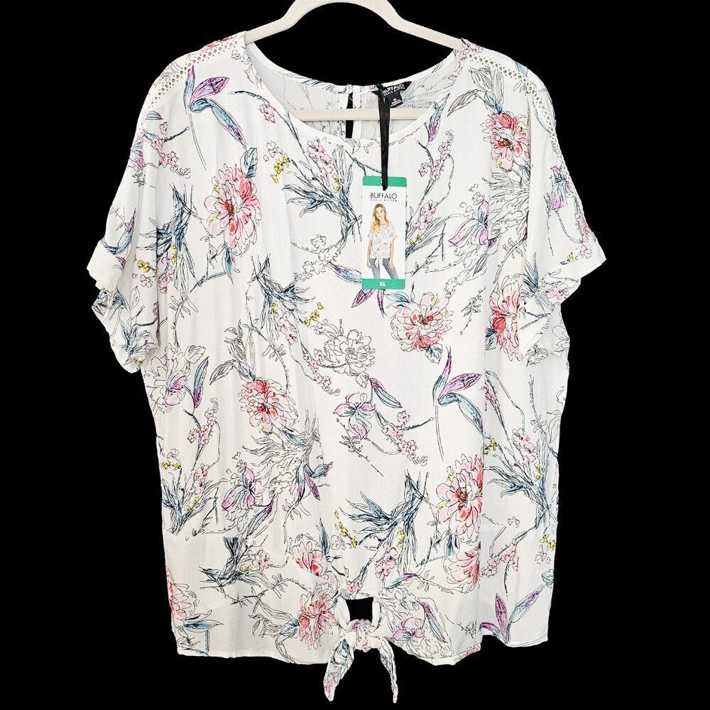 Buffalo David Bitton XL White and Floral Print Short Sleeve Blouse